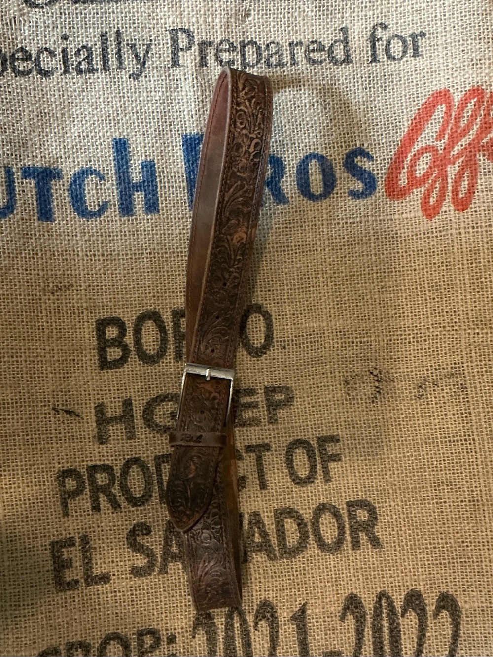 Men's Brown Leather Tooled Floral Belt with Silver-Tone Buckle